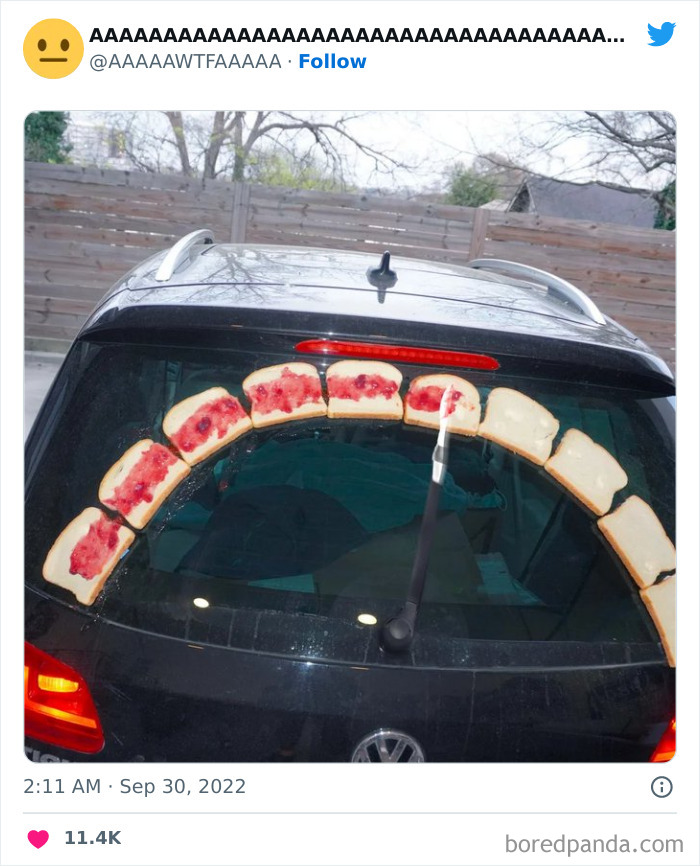 Weirdly funny car with windshield wipers holding slices of bread topped with jam and cheese, shared on Twitter.