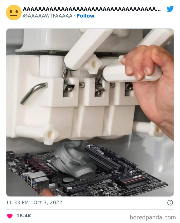 Hands using can opener on a computer motherboard, representing weird and funny randomness from the internet.