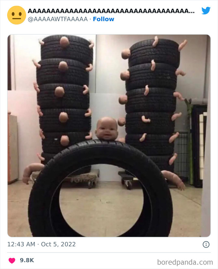 Weird funny image of baby doll parts sticking out of tire stacks in a humorous arrangement.