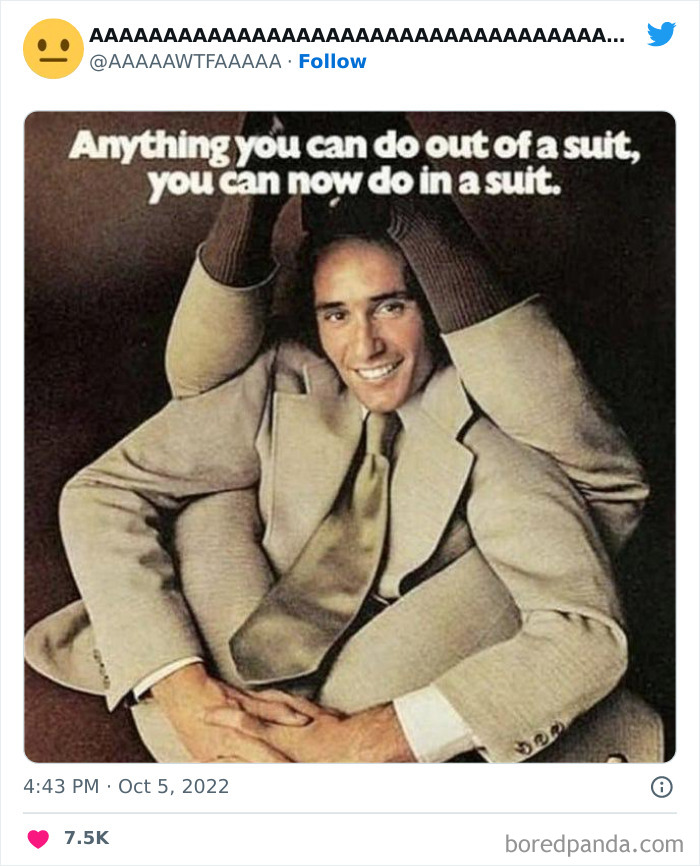 Man in a suit humorously posed, showing a quirky take on formal wear; weird yet funny internet image shared on Twitter.