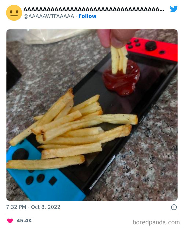 Fries and ketchup on a gaming console surface, showcasing weird and funny creativity.