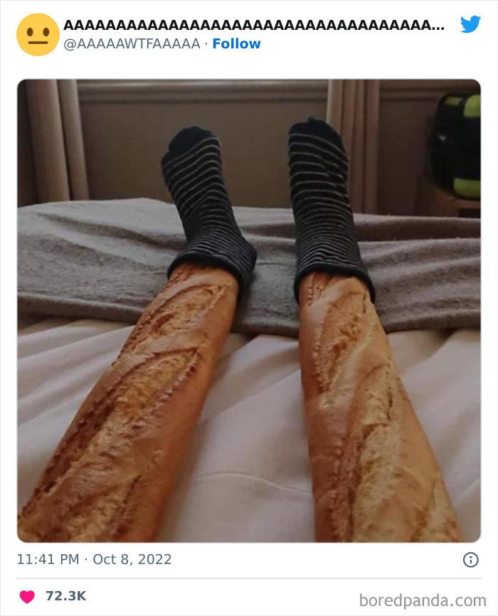 Weird and funny image of legs made to look like baguettes wearing socks.