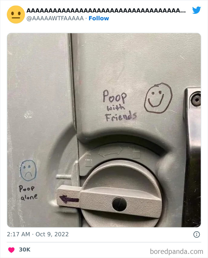 Graffiti on a bathroom door showing "p**p with friends" and "p**p alone" with smiley and sad faces.