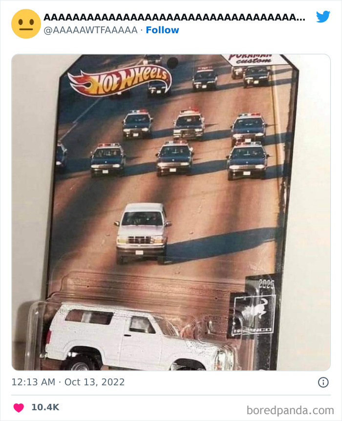 Weird and funny Hot Wheels toy showing a white SUV toy mirroring a famous police chase scene on the packaging.