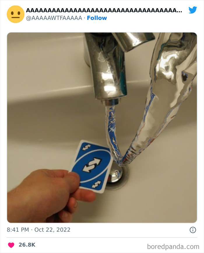 Weird funny image of a faucet with a hand holding a reverse card, making it look like water flow is redirected.