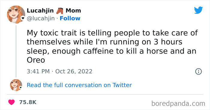 Meme text about self-care irony and caffeine overload, highlighting a single person's humorous perspective on relationships.