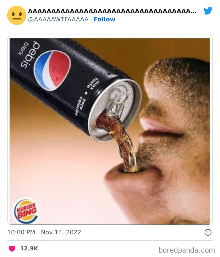 Weird and funny image of a Pepsi can pouring soda into a mouth with reversed chin position.
