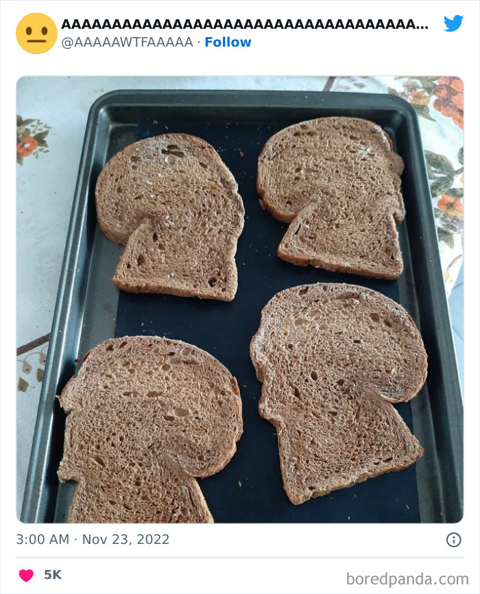 Weirdly shaped bread slices on a baking sheet, resembling silhouettes of heads, creating a funny scene.