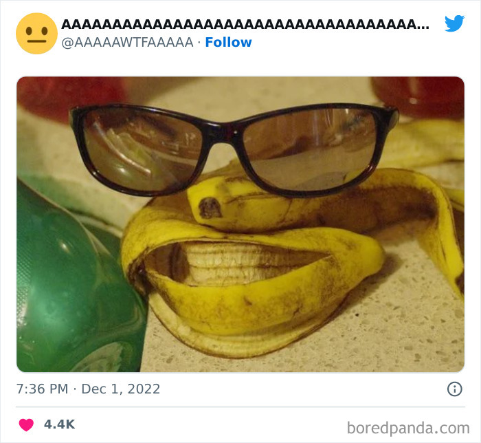 A banana peel arranged with sunglasses to look like a face, creating a funny and weird image.