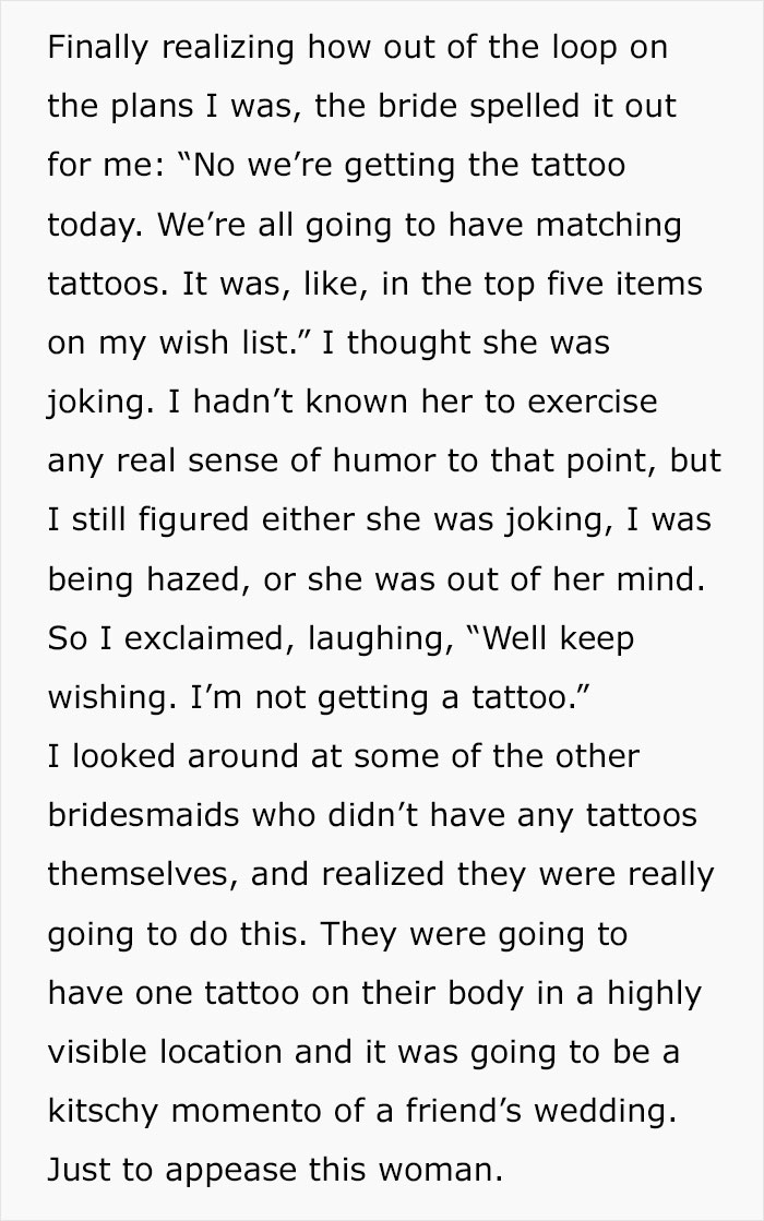 Text exchange about bridesmaid rejecting matching tattoos for a wedding.