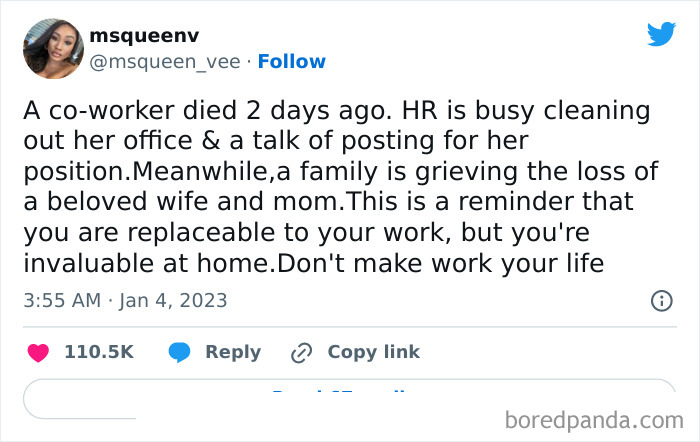 Tweet highlighting the replaceable nature of office life, emphasizing family value over work roles.