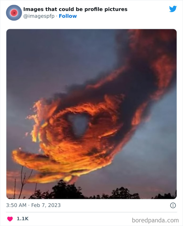 Orange fiery cloud in sky resembling a hand shape, one of the weirdest and funniest pics from profile pictures collection.