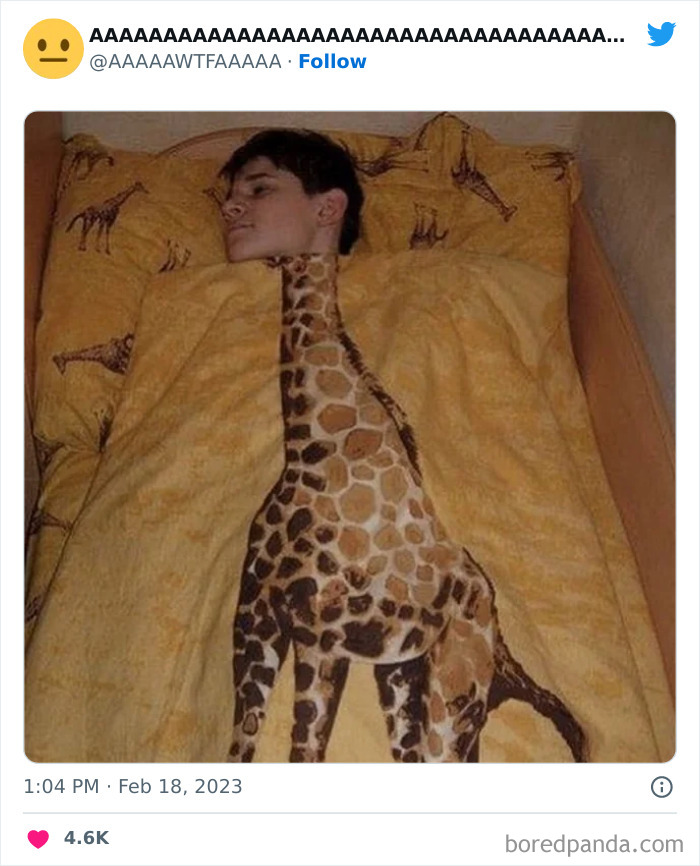 Person lying in bed with giraffe print blanket aligning perfectly with their head, creating a funny visual illusion.