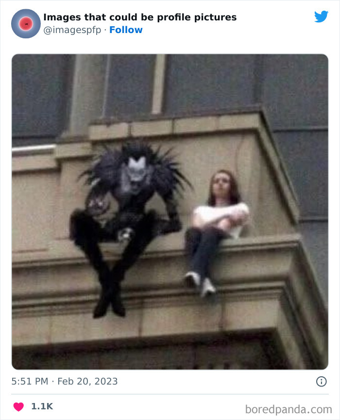 Person sitting on ledge next to a dark, spiky creature in a weird and funny pic shared on profile pictures Twitter page.