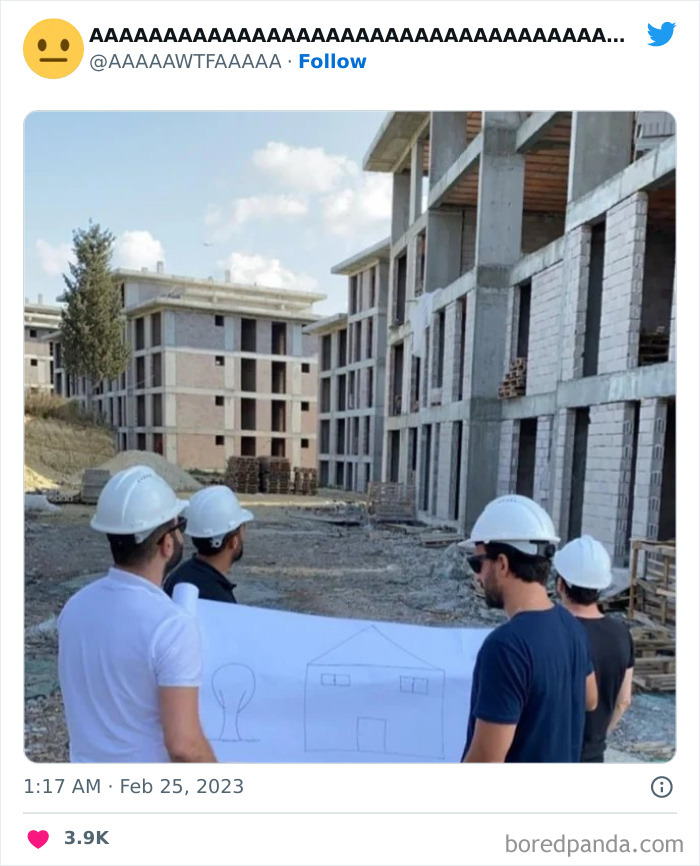 Construction workers in hard hats hold a simple sketch at a building site, highlighting random funny moments.