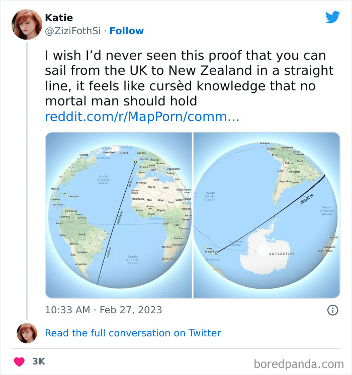 Tweet with a world map meme showing a straight sailing path from the UK to New Zealand for the inner nerd.