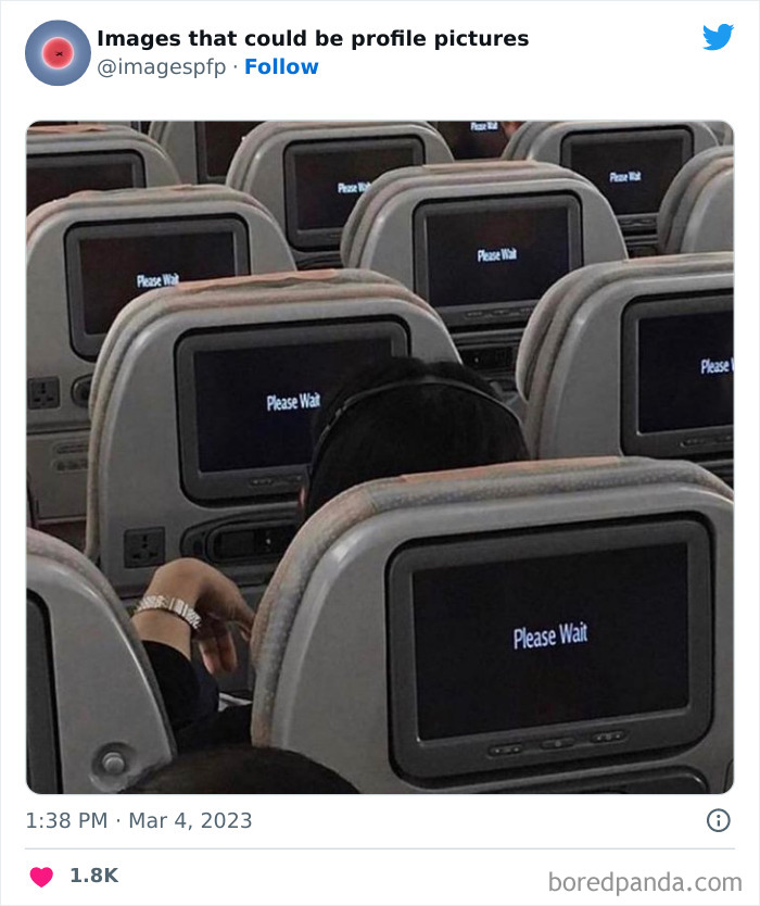 Passenger on airplane with several screens showing please wait message, one of the weirdest and funniest pics from profile pictures page