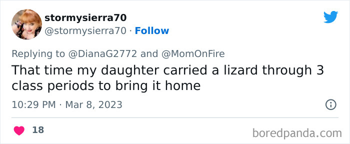 Tweet about a child carrying a lizard through school periods, showcasing kids doing something unhinged and surprising everyone.