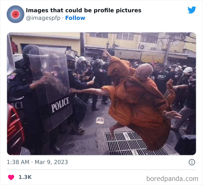 Monk performing a high kick at police officers during a chaotic street protest, a weird and funny profile picture moment.