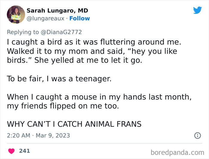 Tweet showing a teen describing catching a bird and a mouse, part of unhinged kids stories that freaked out everyone.
