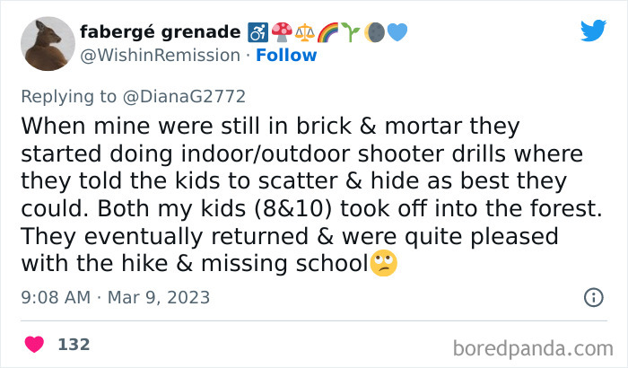 Tweet describing kids doing unhinged indoor/outdoor shooter drills, hiding in forest and missing school during the hike.