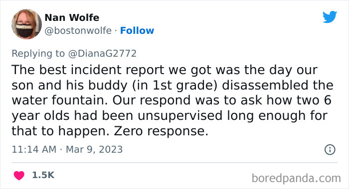 Tweet showing a story of kids doing something unhinged by disassembling a water fountain in 1st grade.