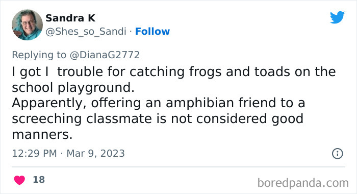 Tweet about a kid getting in trouble for catching frogs and toads on the school playground, showcasing unhinged behavior.