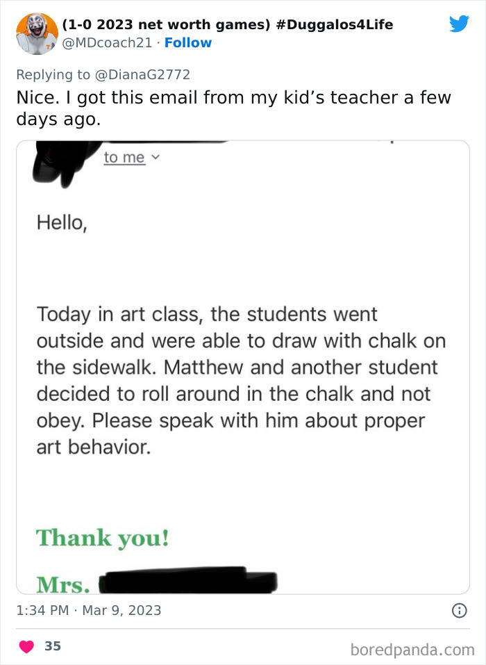 Email from a teacher describing kids’ unhinged behavior during art class that freaked out adults around them.