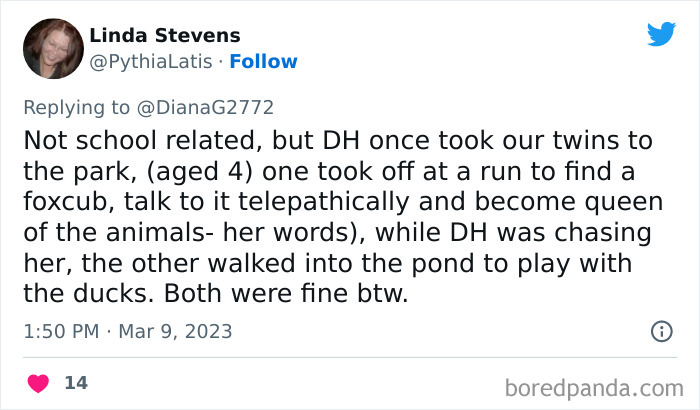 Tweet screenshot showing a story of kids doing something unhinged, including running to talk telepathically to a foxcub and playing in a pond.