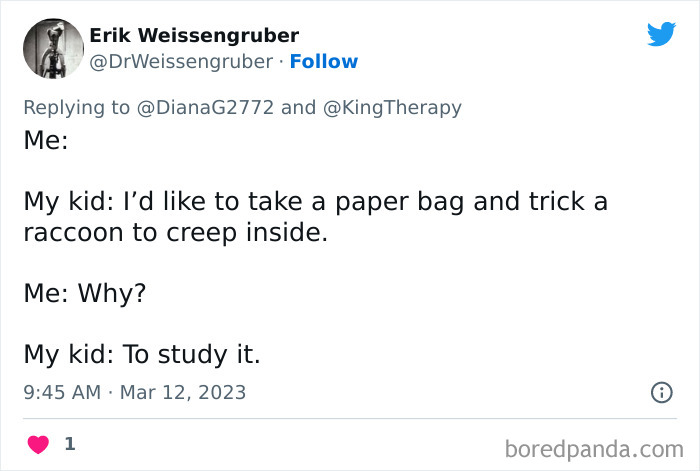 Screenshot of a tweet about a kid doing something unhinged by trying to trick a raccoon into a paper bag.
