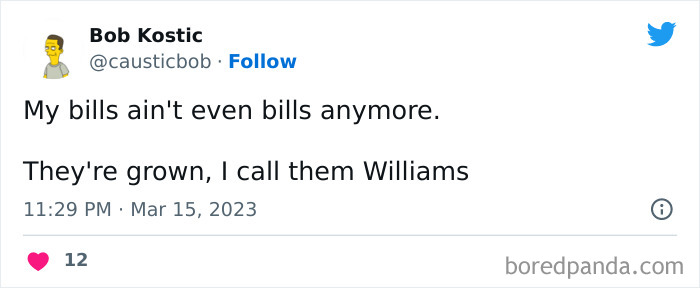 Tweet meme about high bills humor, featuring a joke on bills now being called "Williams."