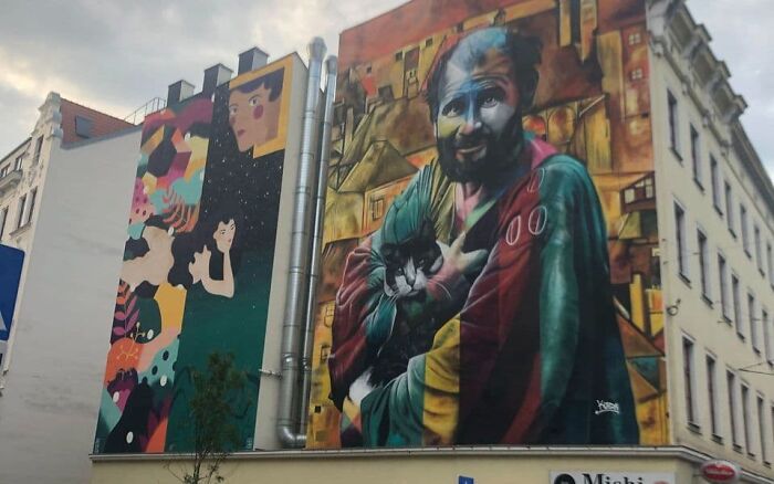 Mural Of Gustav Klimt And His Cat By Street Artist "Kobra" In Vienna, Austria