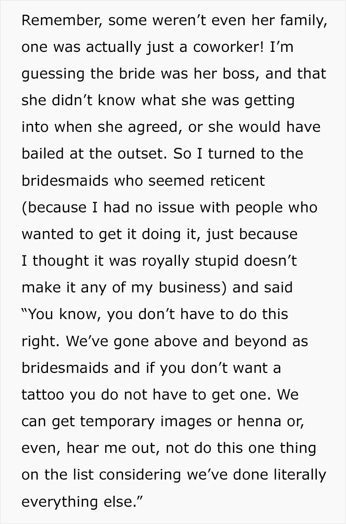 Text conversation about bridesmaid refusing a matching tattoo, suggesting alternatives to other bridesmaids.
