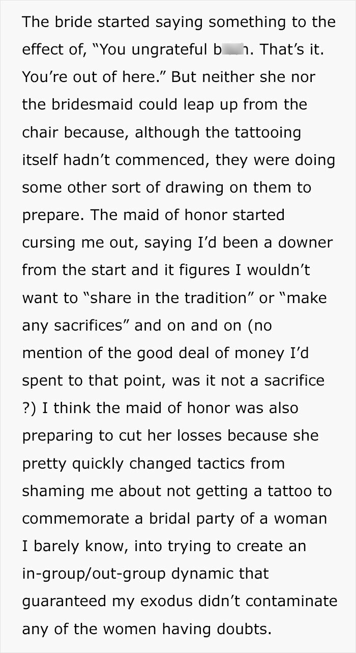 Bride reacts angrily when bridesmaid declines matching tattoo, causing tension among wedding party members.