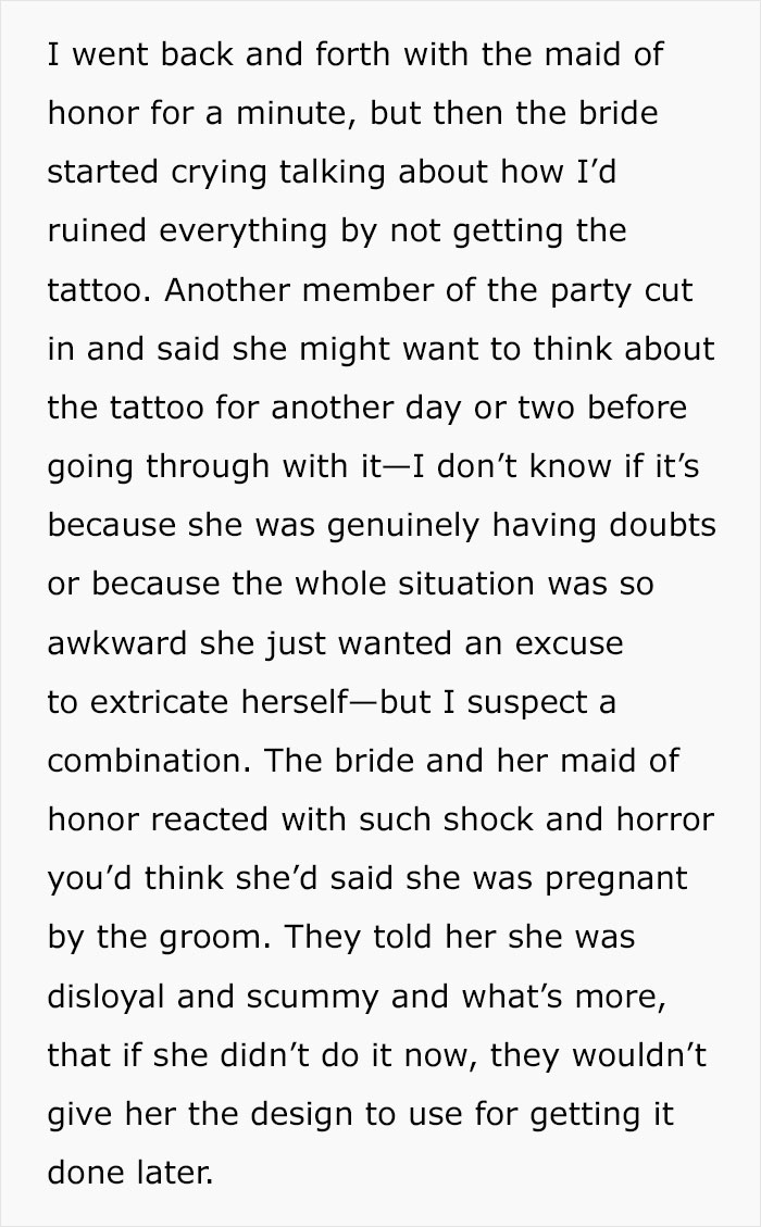 Text describing a conflict over matching tattoos for the bridal party.