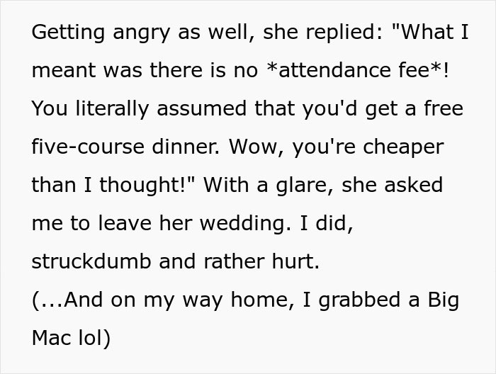 &ldquo;Am I A Jerk For Leaving A Wedding To Eat At McDonald&rsquo;s?&rdquo;: Bride Lied To Her Guest When She Told Her She Wouldn't Have To Pay For Anything At The Wedding