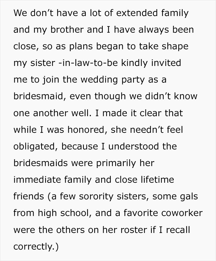 Text discussing wedding plans and relationships; focus on a bridesmaid's understanding of family dynamics.