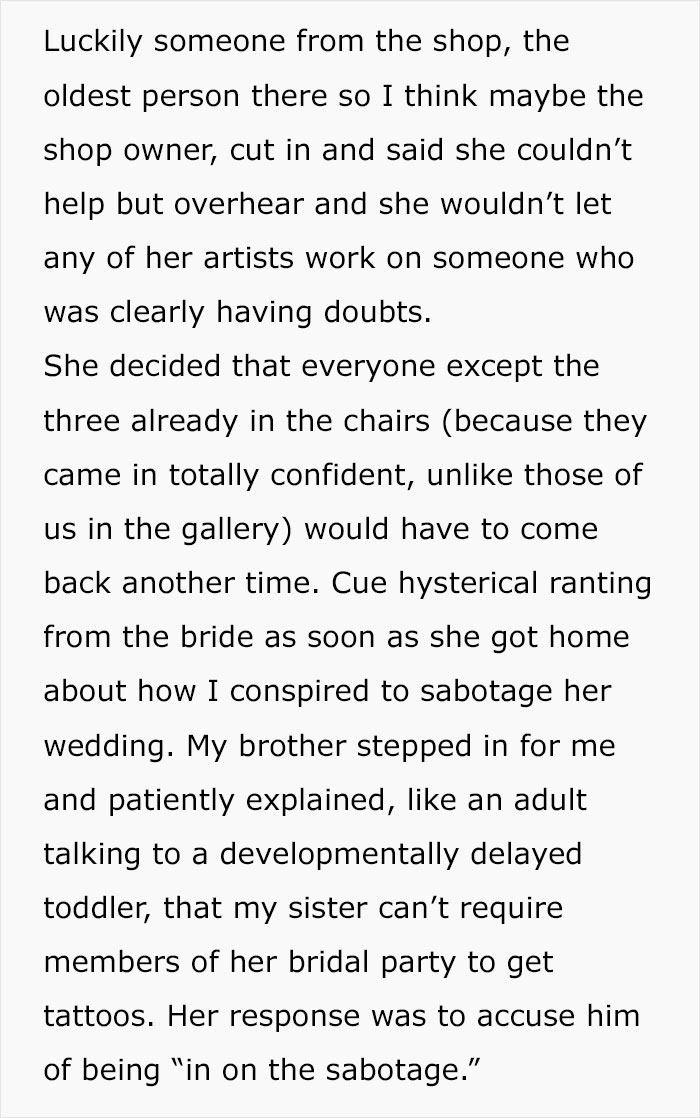 Text describes a situation involving a bride upset about bridesmaid's refusal of matching tattoo.
