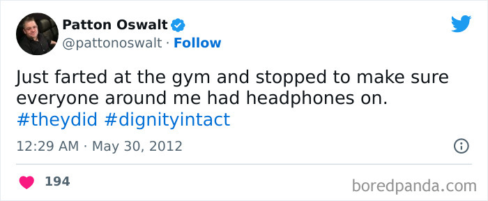 Tweet about a funny gym moment with headphones, relatable to gym rats.