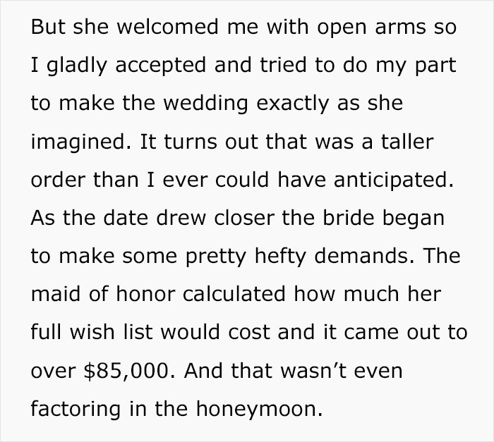 Text describing wedding demands and costs over $85,000, highlighting a bride's hefty requests before her wedding.