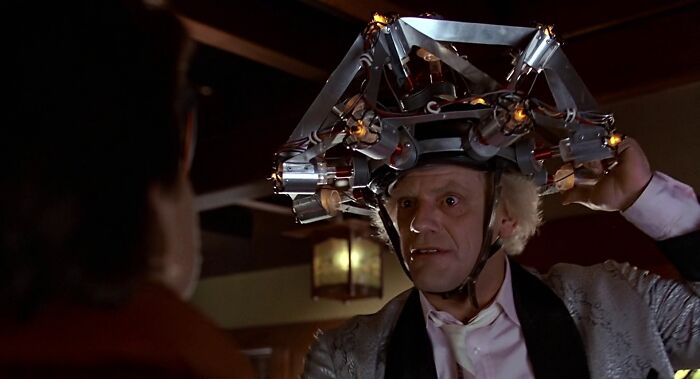 Dr. Emmett Brown wearing machine hat 