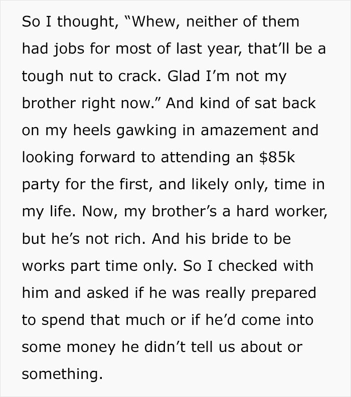 Text conversation about a brother's $85k wedding party and related financial concerns.