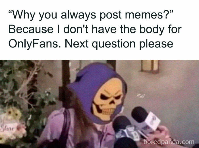 Person with Skeletor face in purple hood humorously explaining why they post memes about being single.