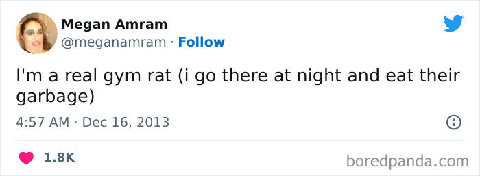 Tweet about being a gym rat, humorously implies going to the gym at night and eating garbage.