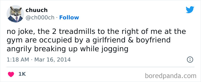 Funny gym tweet about a couple breaking up while jogging on treadmills, illustrating a relatable gym meme.