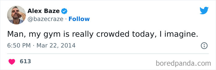 Text tweet joke about imagining a crowded gym, relatable to gym rats.