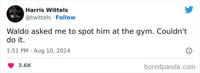 Tweet joke about spotting Waldo at gym, relatable gym meme for true gym rats.