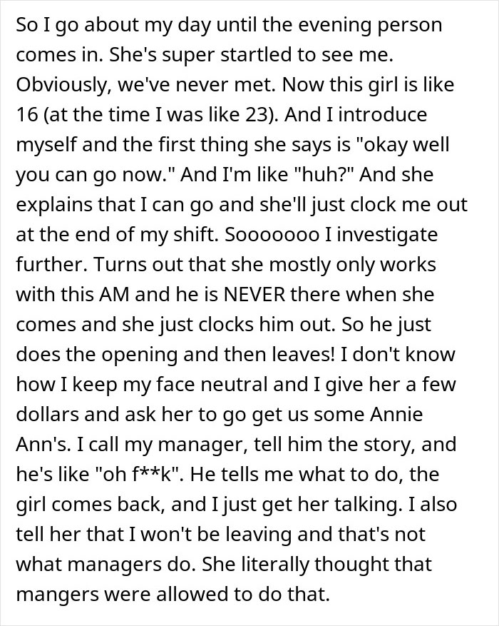 Guy Is Sick And Tired Of His Coworker Running Off And Leaving Him To Work Alone, Doesn't Cover For Her