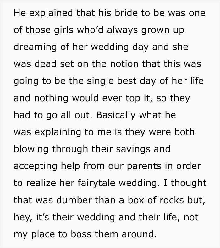 Text block describing a bride's obsession with her dream wedding and financial strain.