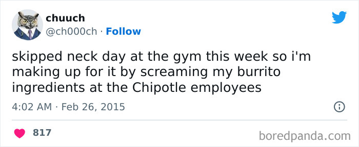 Gym meme about skipping neck day and yelling burrito ingredients at Chipotle.